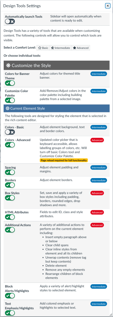 Design Tool Settings: Screenshot