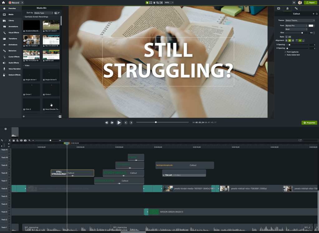 screenshot of project work in camtasia
